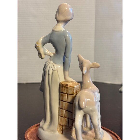 Porcelain Shepherdess & Fawn Figurine On Wooden Base - Picture 5 of 9